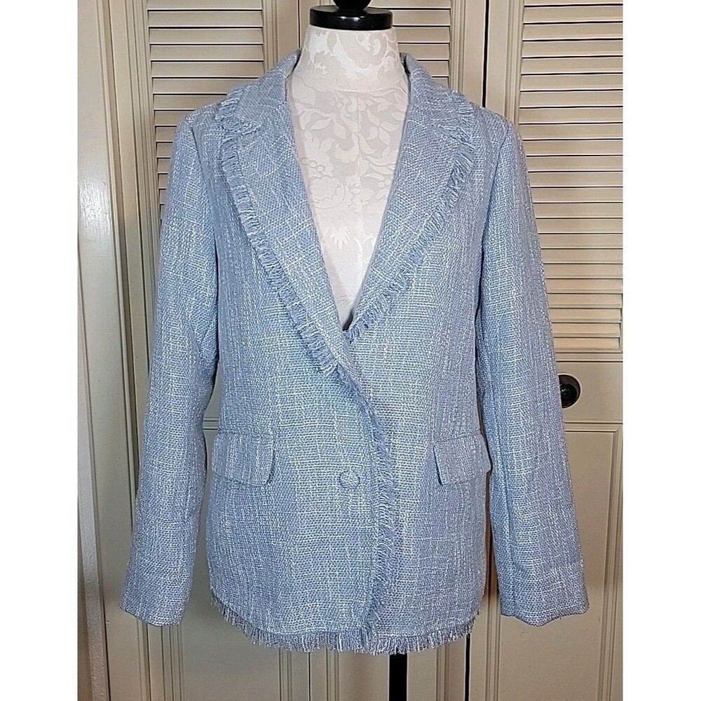Shero Tweed Blazer with Fringe Trim, Medium, Lt Blue, Business Casual, Standout